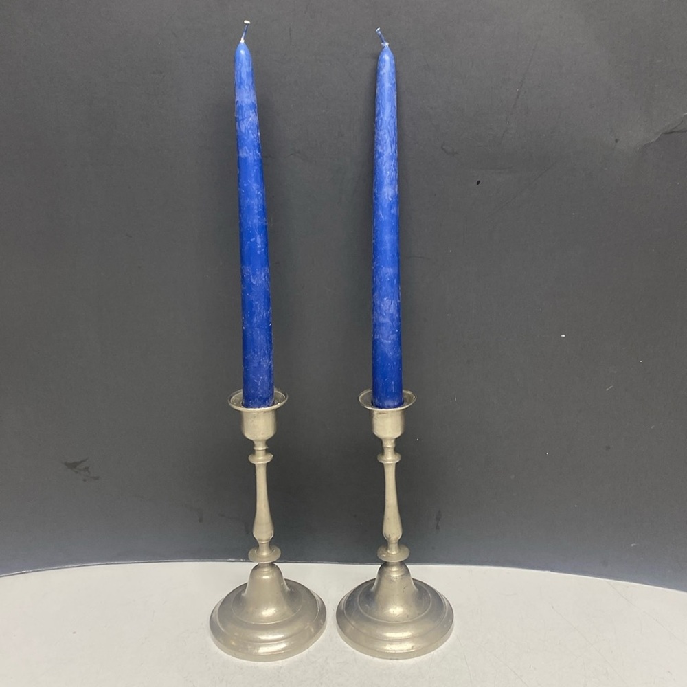 Pewter Candlestick Holders Round Tabletop Pair